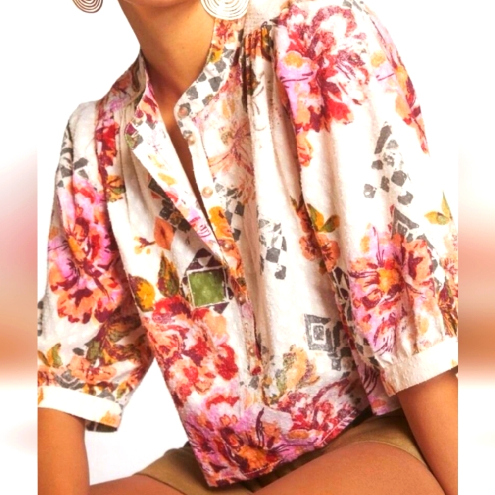Anthropologie Floral Cropped Surf Blouse, Size 1X